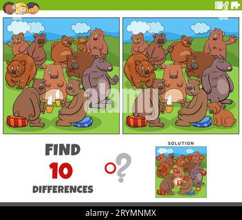 Cartoon illustration of finding the differences between pictures educational activity with bears animal characters Stock Photo