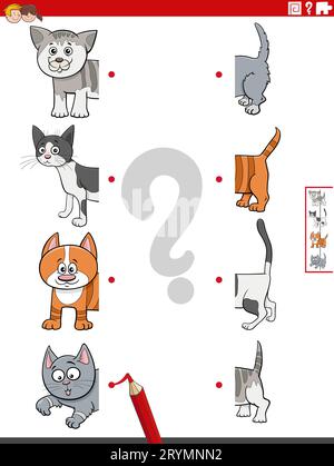 Cartoon illustration of educational game of matching halves of pictures with funny cats animals characters Stock Photo