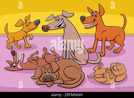 Cartoon illustration of funny dogs and puppies animal characters group at home Stock Photo