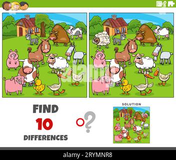 Cartoon illustration of finding the differences between pictures educational game with farm animal characters Stock Photo