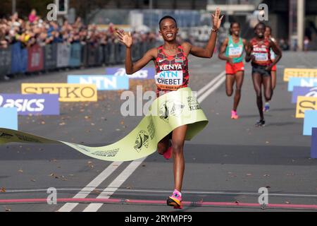 Riga Latvia. 1st Oct 2023. Beatrice Chebet of Kenya celebrates