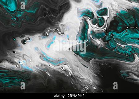 Fluid Art acrylic paints. Abstract mixing gray waves and green bubbles. Liquid flows splashes. Marble effect background or textu Stock Photo