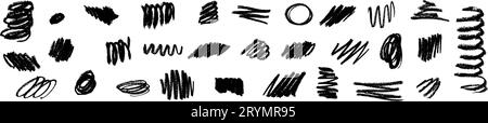 Abstract set of grunge brush strokes, lines, and circles. Flat vector illustration isolated on white background. Stock Vector