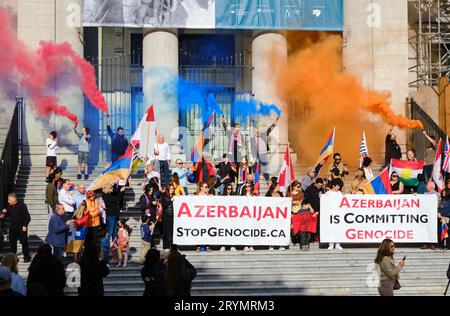 Vancouver, British Columbia, Canada. October 1, 2023. Local Armenian diaspora gathers in downtown to protest Azerbaijan's seizure of the disputed region of Nagorno-Karabakh last week which they deem a genocide on Armenian people, and as lead to huge number of Armenian fleeing the region for safety. Credit: meanderingemu/Alamy Live News Stock Photo