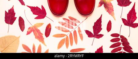 Multicolored autumn leaves and red rubber boots. Autumn background Stock Photo