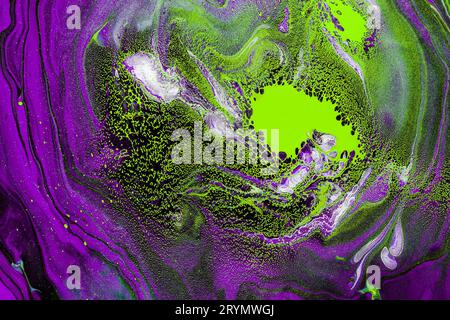 Acrylic Fluid Art. Violet waves and poisonous green spots curls. Abstract swirling background or texture Stock Photo