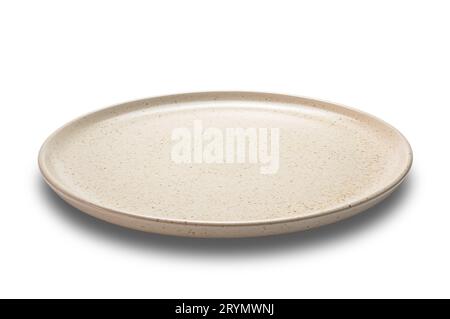 High angle view of empty brown spotted shallow ceramic plate. Stock Photo