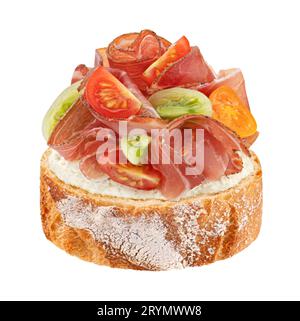 Italian prosciutto crudo bruschetta isolated on white background Stock Photo