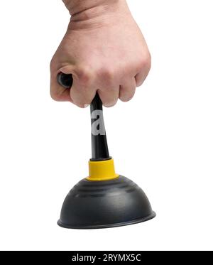 Black rubber plunger in a male hand on a white isolated background Stock Photo