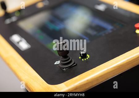 Modern control console with two joysticks and touchscreen. Selective focus. Stock Photo
