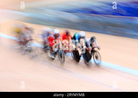 Jieshou, China. 29th Sep, 2023. General view Cycling Track : Women's Omnium Elimination at Chun'an Jieshou Sports Centre Velodrome during the 2022 China Hangzhou Asian Games in Jieshou, China . Credit: Naoki Nishimura/AFLO SPORT/Alamy Live News Stock Photo