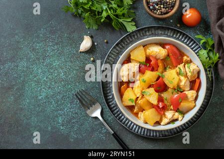 The concept of Diet menu. Homemade turkey or chicken with pineapple sauce and boiled spelled on a dark stone table. Top view fla Stock Photo