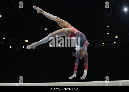 Antwerp, Belgium. 1st Oct, 2023. Georgia-Mae Fenton of Britain competes on the balance beam during the Women's Qualifications of the 2023 World Artistic Gymnastics Championships in Antwerp, Belgium, Oct. 1, 2023. Credit: Zheng Huansong/Xinhua/Alamy Live News Stock Photo