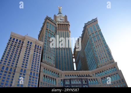 Mecca, Saudi Arabia - January 9, 2013. Skyline with Abraj Al Bait (Royal Clock Tower Makkah) from lower angle. Stock Photo