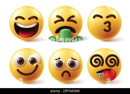 Emoji characters face vector set. Emoticon emojis facial expression like happy, vomiting, kiss, sad and hungry emotions collection in white background Stock Vector