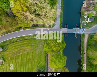 Top view aerial with drone of a Draw Bridge over the canal Dessel-Schoten in Rijkevorsel, Antwerp, Belgium Stock Photo