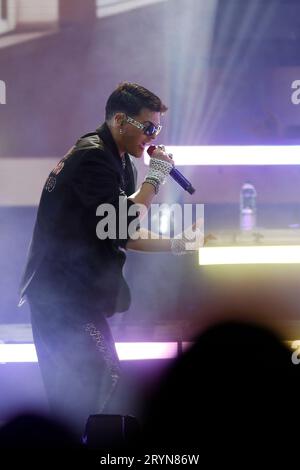 September 30, 2023, Madrid, Madrid, Spain: The Spanish singer, composer, producer and actor Abraham Mateo (Cadiz, 1998), is seen on stage on Saturday, September 30, during a concert at the patron saint festivities in the square Mayor in Torrejon de Ardoz, in Madrid (Spain). Abraham Mateo is considered the most innovative Spanish artist in recent times, who remains the most successful singer internationally on the Sony Music Spain record label. The multifaceted artist has solidified an artistic career since the age of 14, when he achieved popularity in Spain with the song 'SeÃ±orita', which rem Stock Photo