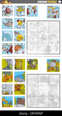 Cartoon illustration of educational jigsaw puzzle activities set with animal characters group Stock Photo