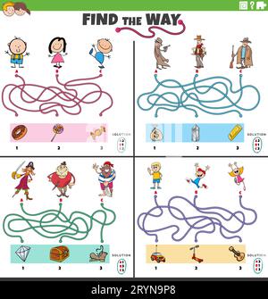Cartoon illustration of find the way maze puzzle games set with funny comic characters Stock Photo