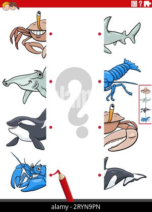 Cartoon illustration of educational game of matching halves of pictures with funny marine animals characters Stock Photo
