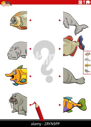 Cartoon illustration of educational game of matching halves of pictures with marine animals characters Stock Photo