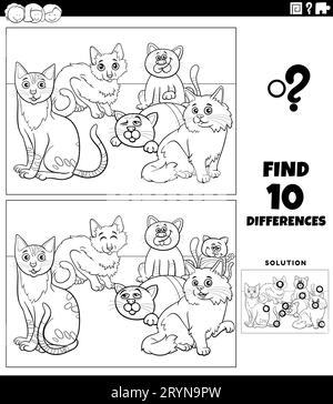 Black and white cartoon illustration of finding the differences between pictures educational activity with cats animal characters group coloring page Stock Photo