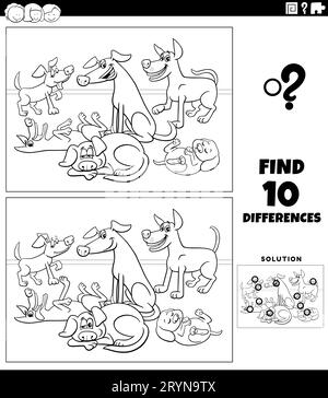 Black and white cartoon illustration of finding the differences between pictures educational activity with dogs animal characters group coloring page Stock Photo