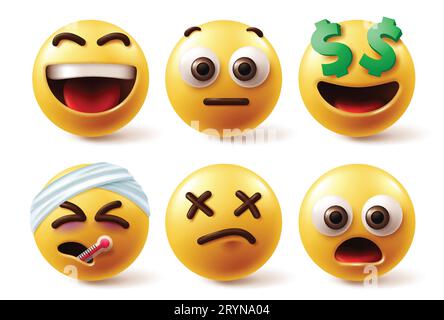 Emojis characters vector set. Emoji emoticons character in happy, funny, injured, shock and sick yellow icon elements. Vector illustration emojis Stock Vector