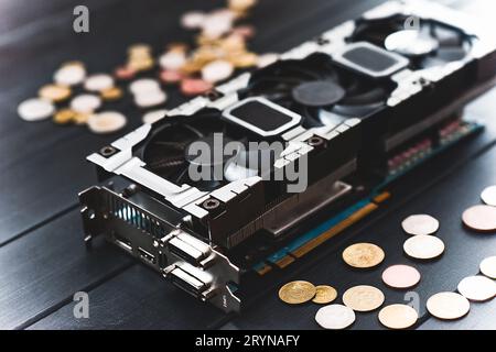 Cryptocurrency mining concept with bitcoins on a computer videocard Stock Photo