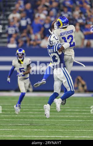 Indianapolis, IN USA;  Los Angeles Rams wide receiver Van Jefferson (12) goes up for the reception which is broken up by Indianapolis Colts cornerback Stock Photo