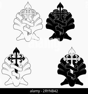 Vector design of christian symbology of the apostle santiago, Cross of the apostle Santiago with veneer and ribbon Stock Vector