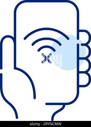 Hand holding a smartphone with no wifi signal symbol. Pixel perfect, editable stroke Stock Vector