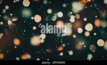 Glowing glitter particles flying background, bokeh lights at night, blurry fire specks orange blue white on black Stock Photo