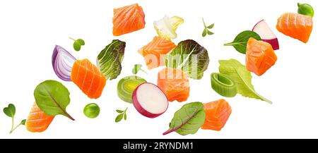 Falling salmon salad ingredients isolated on white background Stock Photo