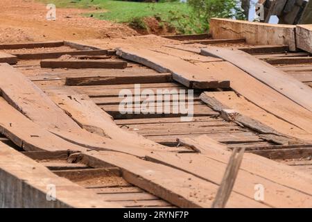 Ailing roadway of a typical wooden bridge of the Transpantaneira, Pantanal Wetlands, Mato Grosso, Br Stock Photo