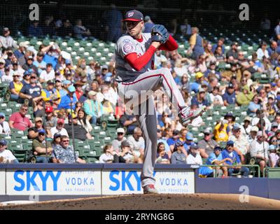 Milwaukee, WI USA; Washington Nationals starting pitcher Patrick Corbin (46) delivers a pitch during an MLB game against the Milwaukee Brewers on Sund Stock Photo