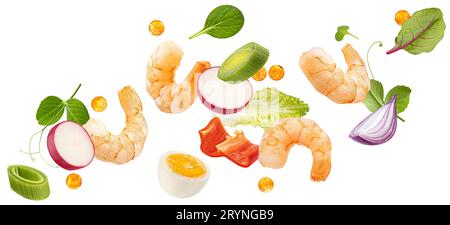 Falling shrimp salad ingredients isolated on white background Stock Photo