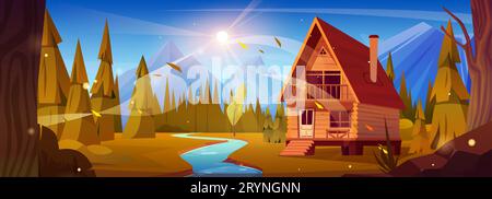 Wooden rustic house in forest near small river and high rocky mountains. Cartoon vector autumn landscape of woodland area with hills and stream, cozy cabin for rest or camping and sunny sky. Stock Vector