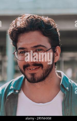 A portrait of a modern man, exuding confidence and style, against an outdoor backdrop, showcasing his charisma and fashionable d Stock Photo