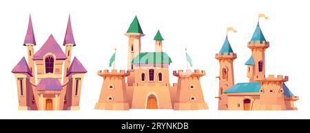 Medieval fairytale kingdom castle cartoon vector. King palace with tower and cute flag on building. Ancient princess chateau comic set isolated on white background. Adorable renaissance stone citadel Stock Vector