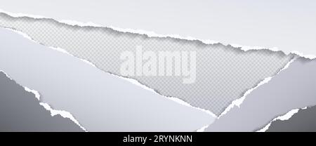 Torn paper edge texture vector background. Blank rip border banner. Grunge shredded sheet set on transparent canvas. Abstract clean ragged document layout. Rough broken empty scrapbook label piece Stock Vector