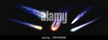 Set of comet or meteor trails isolated on transparent background. Vector realistic illustration of asteroid, star, missile, rocket, burning rock ball falling from star at high speed with smoke tail Stock Vector