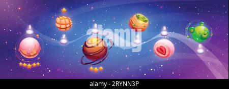 Space game ui level map with imaginary sweet dessert planets on path. Cartoon vector illustration of gaming route with steps marked with magic alien cosmic orbs looking like candy and pastries. Stock Vector