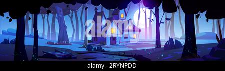 House in woods at night under moonlight. Cozy, calm house with light in windows stands among trees in dark nighttime. Cartoon vector forest landscape with fireflies and full moon, countryside cabin. Stock Vector