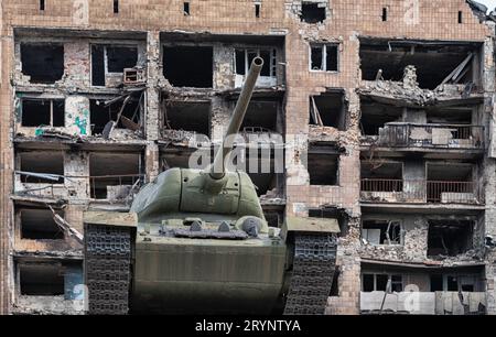 Military tank on a city street in Ukraine Stock Photo