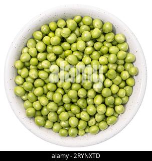 Fresh green peas in bowl isolated on white background. Top view Stock Photo