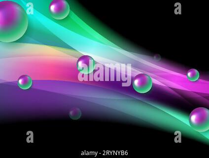 Abstract background with smooth luminous waves and glossy spheres. Green violet neon vector design Stock Vector