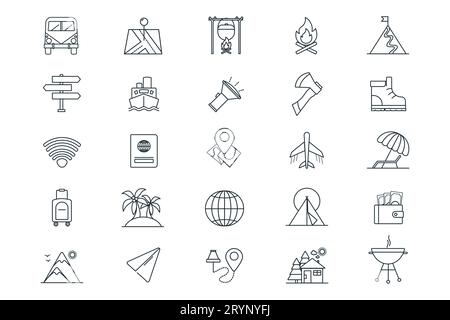 Set of simple travel icons. Vacation hiking in the mountains and resort in nature icon collection. Vector line symbols Stock Vector