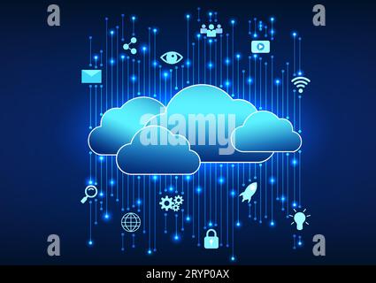 Cloud technology, multi layered overlapping clouds With circuit connected technology icons Refers to the cloud technology used to store data over the Stock Vector