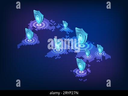 World map mixed with technology The pixelated world map above features a shield and a lock representing modern global technology that protects data fr Stock Vector